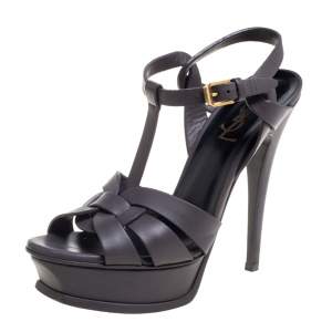 Pre Owned Saint Laurent Grey Leather Tribute Platform Ankle Strap Sandals Size 36.5