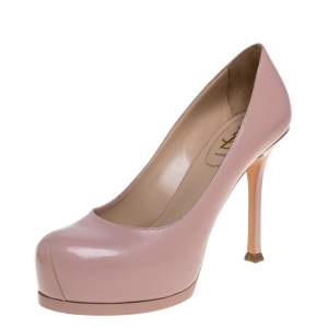 Pre Owned حذاء كعب عالي سان لوران تريبتو جلد بيج نعل سميك مقاس 36