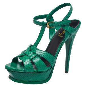 مملوكة مسبقًا Saint Laurent Green Python Leather Tribute Sandals Size 38