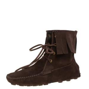 Pre Owned Saint Laurent Dark Brown Suede Fringe Lace Ankle Boots Size 40.5 