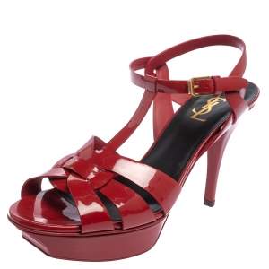 Pre Owned Saint Laurent Red Patent Leather Tribute Platform Ankle Strap Sandals Size 40.5