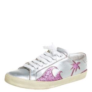 Pre Owned Saint Laurent Metallic Silver/Pink Leather And Glitter Court Sneakers Size 35.5