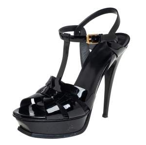 Pre Owned Saint Laurent Black Patent Leather Tribute Ankle Strap Pumps Size 40