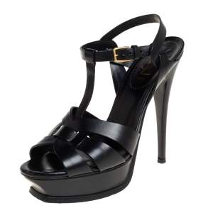 Pre Owned Saint Laurent Black Leather Tribute Platform Ankle Strap Sandals Size 39