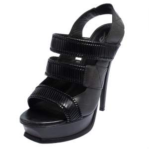 Pre Owned Saint Laurent Black Leather Slingback Platform  Sandals Side 39