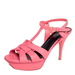 مملوكة مسبقًا Saint Laurent Pink Leather Tribute Ankle Strap Sandals Size 39.5