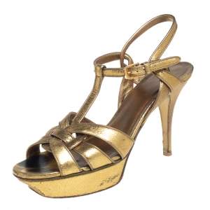 مملوكة مسبقًا Saint Laurent Paris Gold Textured Leather Tribute Platform Sandals Size 38.5