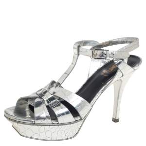 مملوكة مسبقًا Saint Laurent Silver Croc Embossed Leather Tribute Platform Ankle Strap Sandals Size 37.5