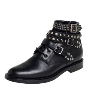 مملوكة مسبقًا Saint Laurent Black Leather Studded Rangers Ankle Boots Size 39.5