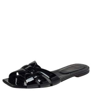 Pre Owned Saint Laurent Patent Leather Tribute Flat Slides Size 39