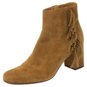 Pre Owned Saint Laurent Paris Tan Suede Fringe Ankle Boots Size 37.5