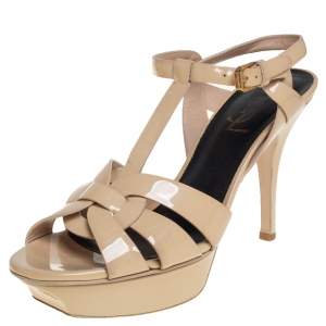 مملوكة مسبقًا Saint Laurent Beige Patent Leather Tribute Platform Sandals Size 37.5