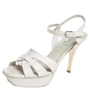 مملوكة مسبقًا Saint Laurent White Leather Tribute Sandals Size 38.5
