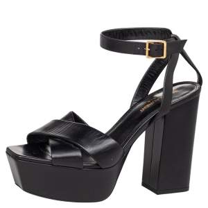 Pre Owned Saint Laurent Black Leather Farrah Criss Cross Platform Ankle Strap Sandals Size 38
