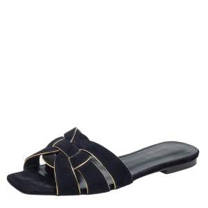 مملوكة مسبقًا Saint Laurent Gold/Black Suede and Leather Trim Tribute Flats Size 36