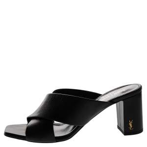 Pre Owned Saint Laurent Black Leather Loulou Criss Cross Block Heel Sandals Size 37