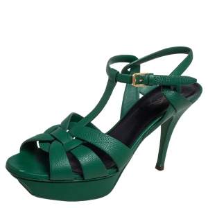 Pre Owned Saint Laurent Green Leather Tribute Platform Ankle Strap Sandals Size 40