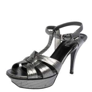 مملوكة مسبقًا صندل سان لوران تريبوت جلد نقشة السحلية رصاصي ميتاليك نعل سميك مقاس 38.5  