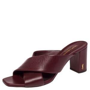 Saint Laurent Burgundy Leather Loulou Criss Cross Slide Sandals Size 38.5