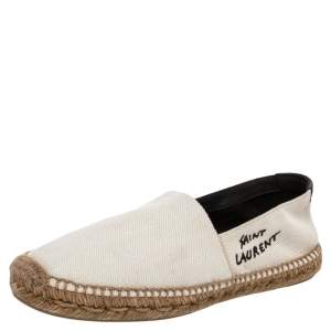 Saint Laurent Paris White Canvas Embroidered Espadrilles Slip On Loafers Size 37