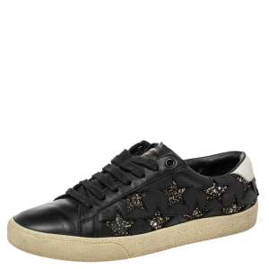 Pre Owned Saint Laurent Black Leather and Glitter Court Classic Star Low Top Sneakers Size 38.5