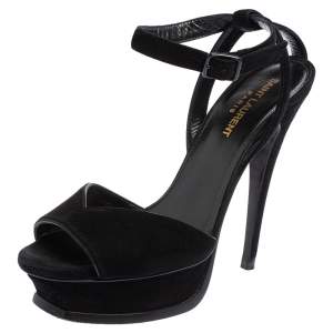 مملوكة مسبقًا Saint Laurent Black Suede Ankle Strap Platform Sandals Size 37.5