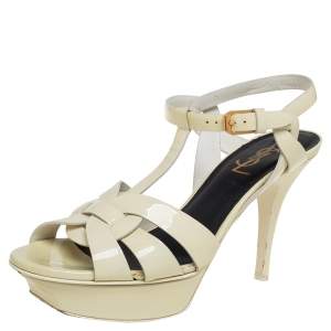 Pre Owned Saint Laurent Cream Patent Leather Tribute Platform Sandals Size 37.5