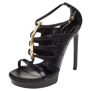 Pre Owned صندل سان لوران جلد أسود سيور مقاس 36