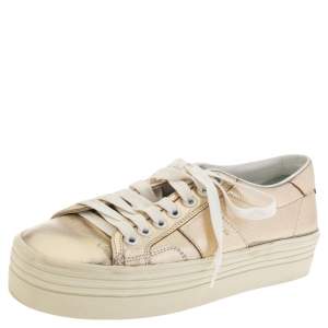 Pre Owned Saint Laurent Gold Leather Platform Lace Up Sneakers Size 36.5