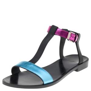 Pre Owned صندل فلات سان لوران جلد ميتاليك متعدد الألوان سير حرف تي مقاس 37