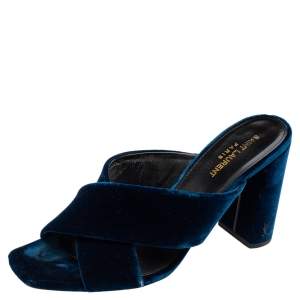 Saint Laurent Navy Blue Velvet LouLou Slide Sandals Size 41