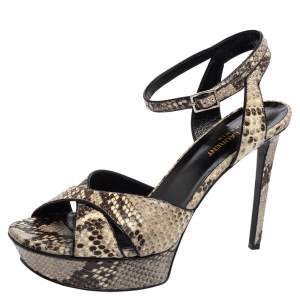 Pre Owned Saint Laurent Grey/Black Python Embossed Leather Bianca Platform Sandals Size 40