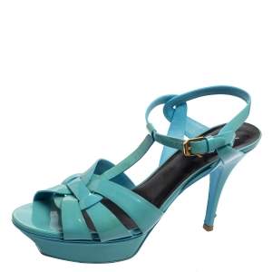 Saint Laurent Blue Patent Leather Tribute Platform Sandals Size 40.5