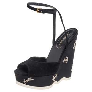 Pre Owned Saint Laurent Black Suede Platform Ankle Strap Sandals Size 36.5