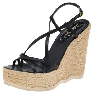 Pre Owned صندل سان لوران إسبادريل جلد أسود بكعب روكي مقاس 37.5