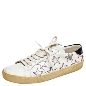 Pre Owned Saint Laurent White/Silver Leather Court Classic Star Low Top Sneakers Size 37.5