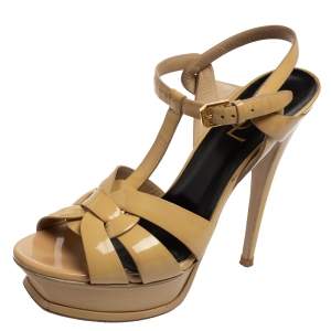 Pre Owned Saint Laurent Beige Patent Leather Tribute Sandals Size 38.5
