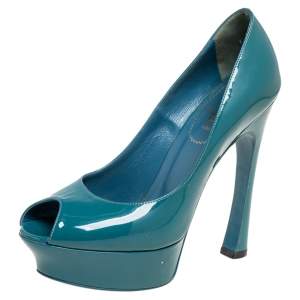 مملوكة مسبقًا Saint Laurent Blue Patent Leather Palais Platform Peep Toe Pumps Size 38