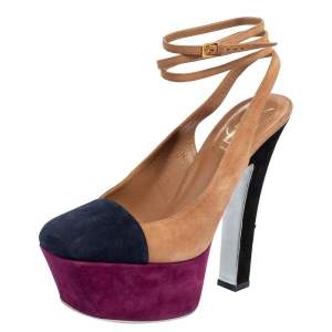 Pre Owned Saint Laurent Multicolor Suede Tribtoo Slingback Platform Sandals Size 37.5