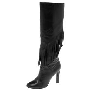 Pre Owned Saint Laurent Black Leather Fringe Grace Knee High Boots Size 39