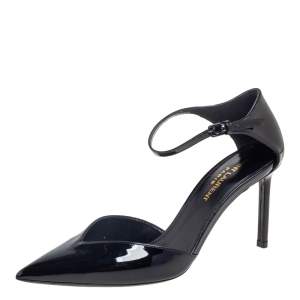 Pre Owned صندل سان لوران دورسي جلد أسود لامع بحزام للكاحل مقاس 36