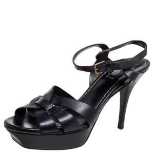 Pre Owned Saint Laurent Black  Leather Tribute Platform Sandals Size 38