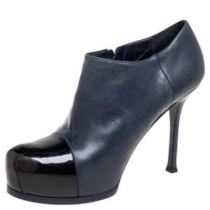Pre Owned Saint Laurent Navy Blue/Black Leather and Patent Cap-Toe Tribtoo Ankle Boots Size 39