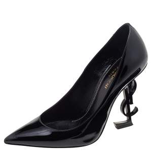 Pre Owned حذاء كعب عالي سان لوران أوبيوم جلد أسود لامع مقدمة مدببة مقاس 37