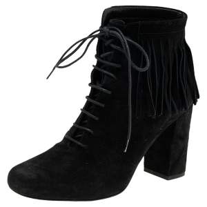 Pre Owned Saint Laurent Black Suede Babies Fringe Ankle Boots Size 37.5