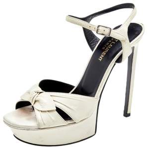 Saint Laurent Off-White Leather Bow Platform Sandals Size 37