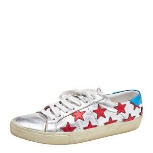 Pre Owned Saint Laurent Metallic Silver/Blue Leather Court Star Low Top Sneakers Size 38
