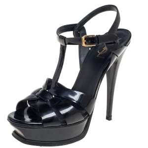 Pre Owned Saint Laurent  Black Patent Leather Tribute  Platform Sandals Size 38