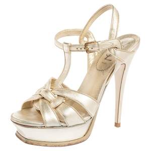 Pre Owned Saint Laurent Dull Gold Leather Tribute Platform Sandals Size 38