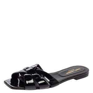 Pre Owned Saint Laurent Black Patent Leather Tribute Flat Sandals Size 38.5